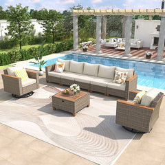 Bellemave® 8 - Piece Wicker Outdoor Patio Furniture Set with Thick Cushion, Swivel Rocking Chairs Set of 2 with Acacia Storage Table - Bellemave