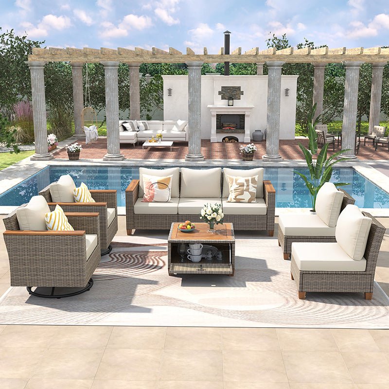 Bellemave® 8 - Piece Wicker Outdoor Patio Furniture Set with Thick Cushion, Swivel Rocking Chairs Set of 2 with Acacia Storage Table - Bellemave