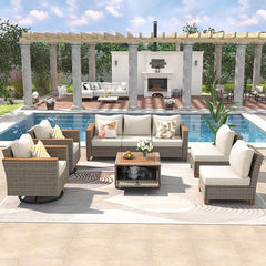 Bellemave® 8 - Piece Wicker Outdoor Patio Furniture Set with Thick Cushion, Swivel Rocking Chairs Set of 2 with Acacia Storage Table - Bellemave