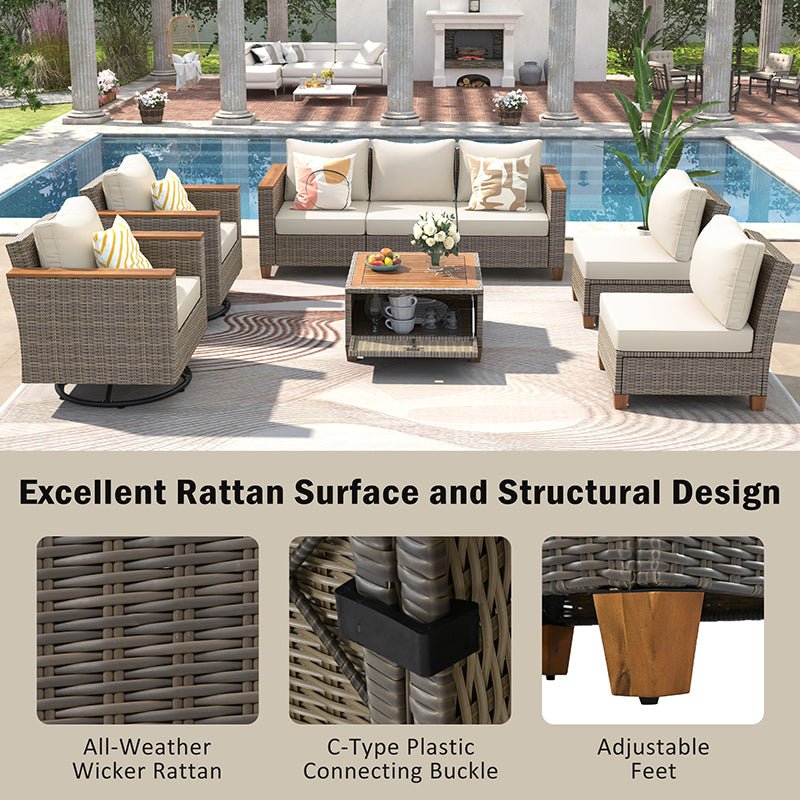 Bellemave® 8 - Piece Wicker Outdoor Patio Furniture Set with Thick Cushion, Swivel Rocking Chairs Set of 2 with Acacia Storage Table - Bellemave