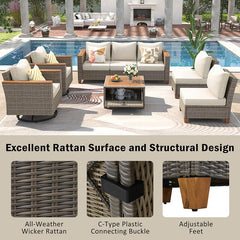 Bellemave® 8 - Piece Wicker Outdoor Patio Furniture Set with Thick Cushion, Swivel Rocking Chairs Set of 2 with Acacia Storage Table - Bellemave