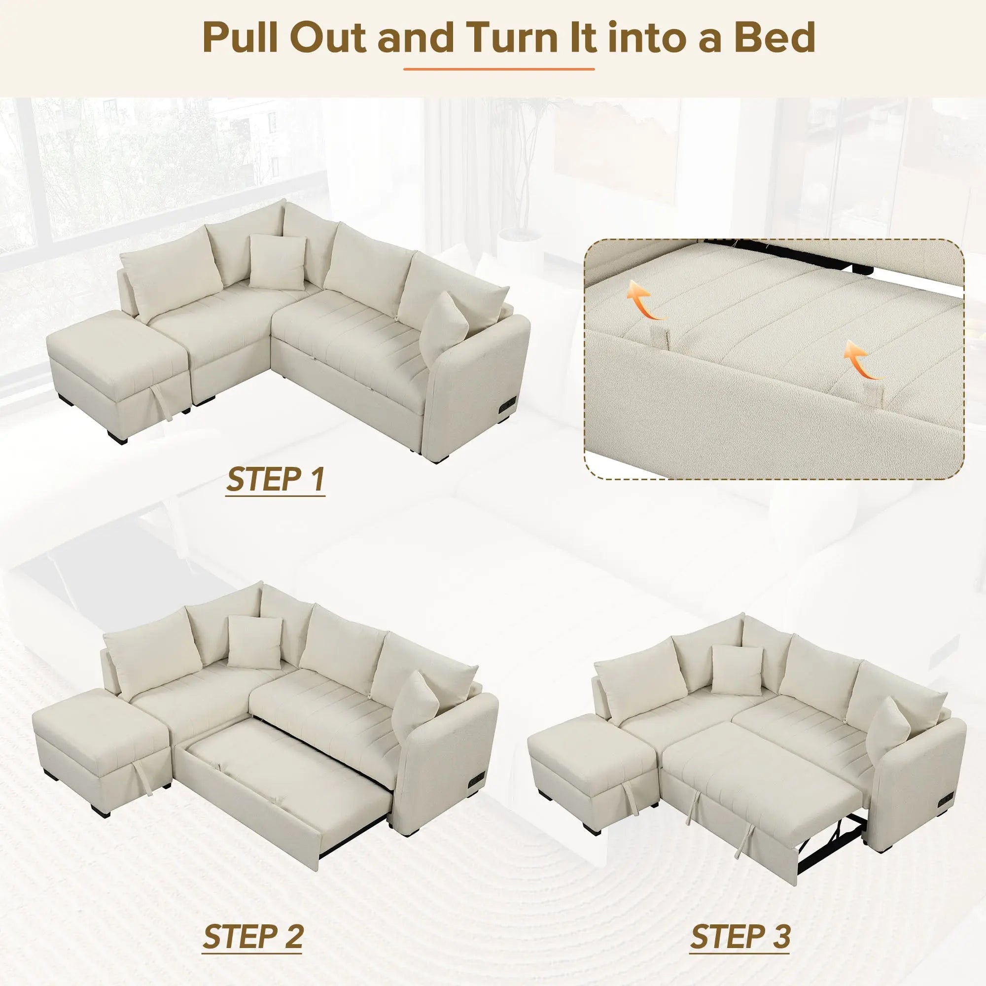 Bellemave® 82.6" L - shaped Sectional Pull Out Sofa Bed with Two USB Ports, Two Power Sockets and a Movable Storage Ottoman - Bellemave