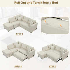 Bellemave® 82.6" L - shaped Sectional Pull Out Sofa Bed with Two USB Ports, Two Power Sockets and a Movable Storage Ottoman - Bellemave