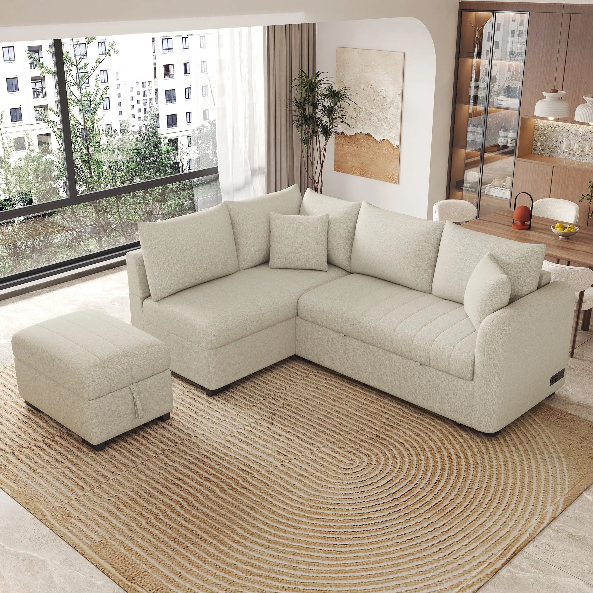 Bellemave® 82.6" L - shaped Sectional Pull Out Sofa Bed with Two USB Ports, Two Power Sockets and a Movable Storage Ottoman - Bellemave