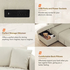 Bellemave® 82.6" L - shaped Sectional Pull Out Sofa Bed with Two USB Ports, Two Power Sockets and a Movable Storage Ottoman - Bellemave