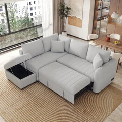 Bellemave® 82.6" L - shaped Sectional Pull Out Sofa Bed with Two USB Ports, Two Power Sockets and a Movable Storage Ottoman - Bellemave