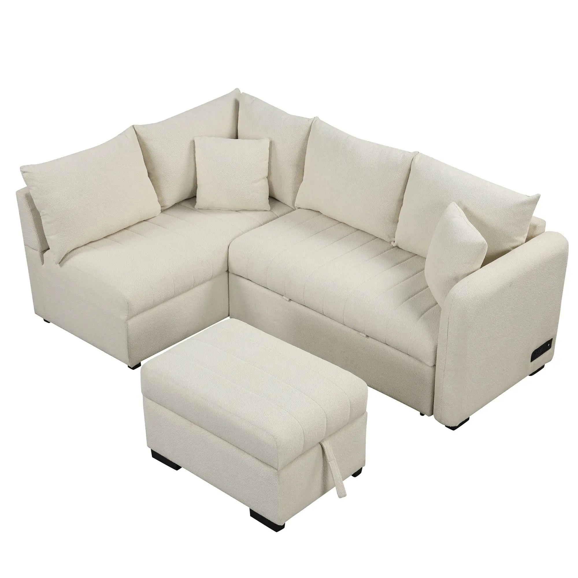 Bellemave® 82.6" L - shaped Sectional Pull Out Sofa Bed with Two USB Ports, Two Power Sockets and a Movable Storage Ottoman - Bellemave