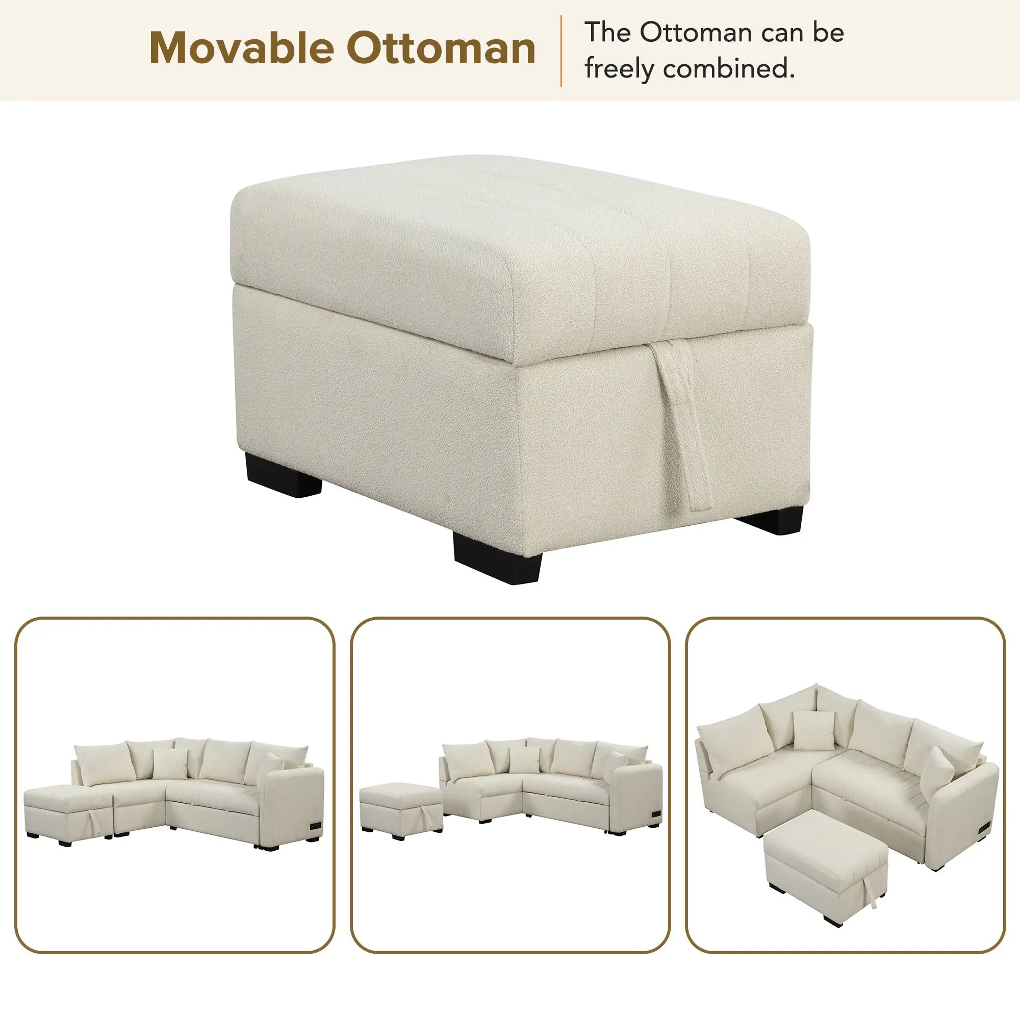 Bellemave® 82.6" L - shaped Sectional Pull Out Sofa Bed with Two USB Ports, Two Power Sockets and a Movable Storage Ottoman - Bellemave