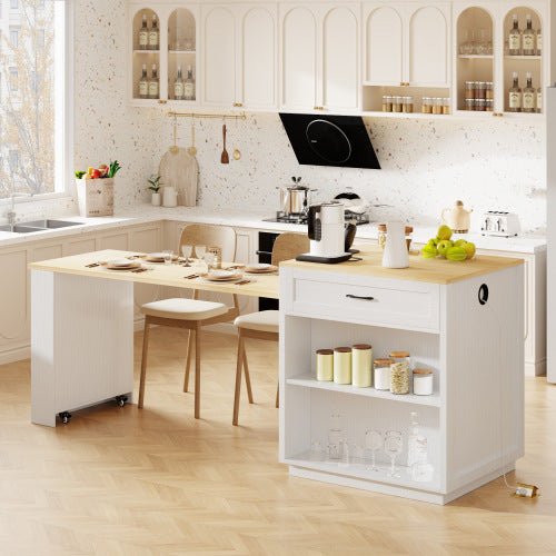 Bellemave® 82.7" Kitchen Island with Extendable Dining Table, Power Outlet, Storage 2 Drawers 2 Side Open Shelves - Bellemave