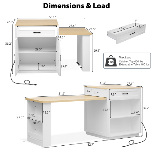 Bellemave® 82.7" Kitchen Island with Extendable Dining Table, Power Outlet, Storage 2 Drawers 2 Side Open Shelves - Bellemave