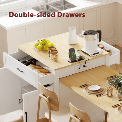 Bellemave® 82.7" Kitchen Island with Extendable Dining Table, Power Outlet, Storage 2 Drawers 2 Side Open Shelves - Bellemave