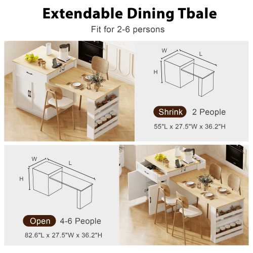 Bellemave® 82.7" Kitchen Island with Extendable Dining Table, Power Outlet, Storage 2 Drawers 2 Side Open Shelves - Bellemave