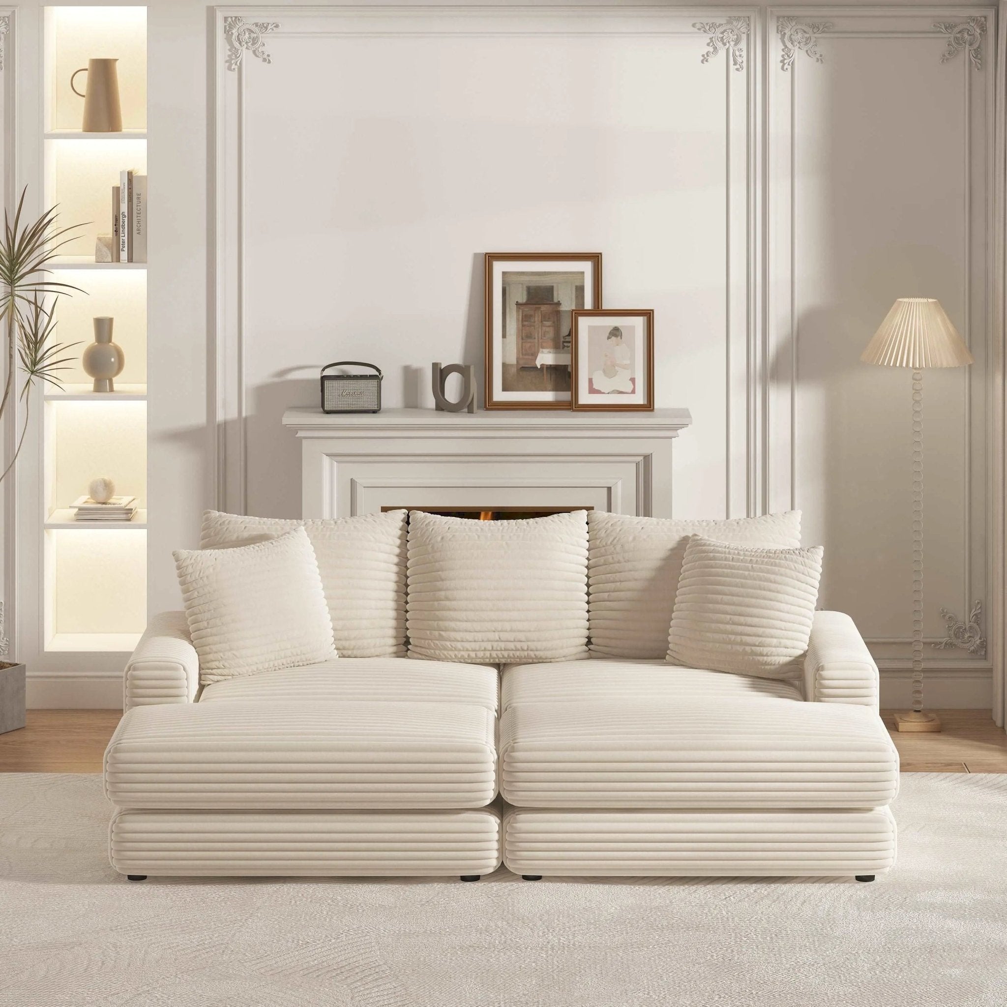 Bellemave® 86.6" Corduroy 3 - Seater Sofa with 3 Back Pillows , 2 Toss Pillows and Two Ottoman - Bellemave