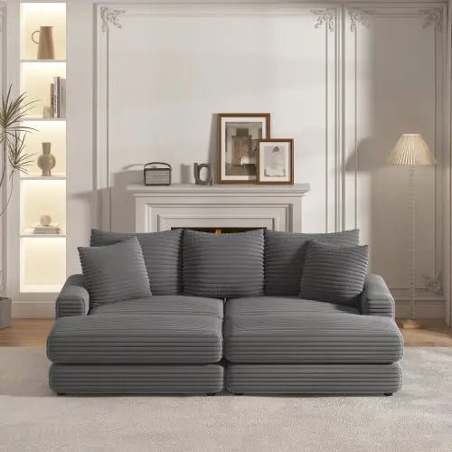 Bellemave® 86.6" Corduroy 3 - Seater Sofa with 3 Back Pillows , 2 Toss Pillows and Two Ottoman - Bellemave