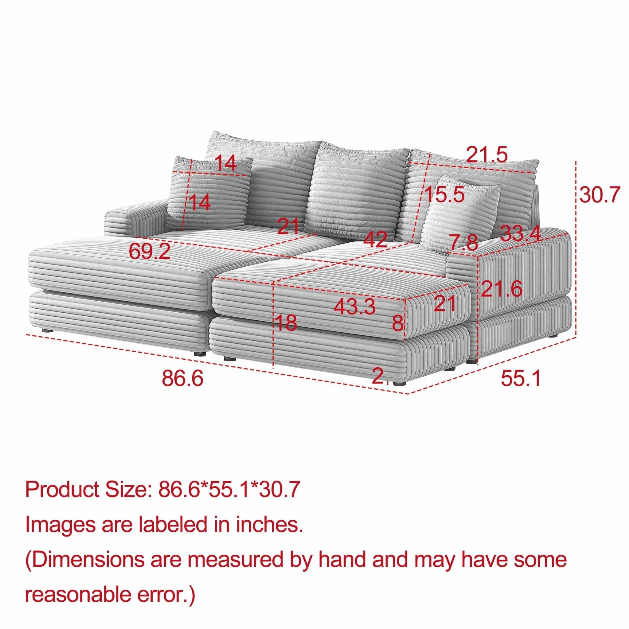 Bellemave® 86.6" Corduroy 3 - Seater Sofa with 3 Back Pillows , 2 Toss Pillows and Two Ottoman - Bellemave