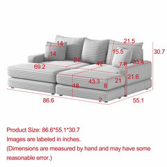 Bellemave® 86.6" Corduroy 3 - Seater Sofa with 3 Back Pillows , 2 Toss Pillows and Two Ottoman - Bellemave