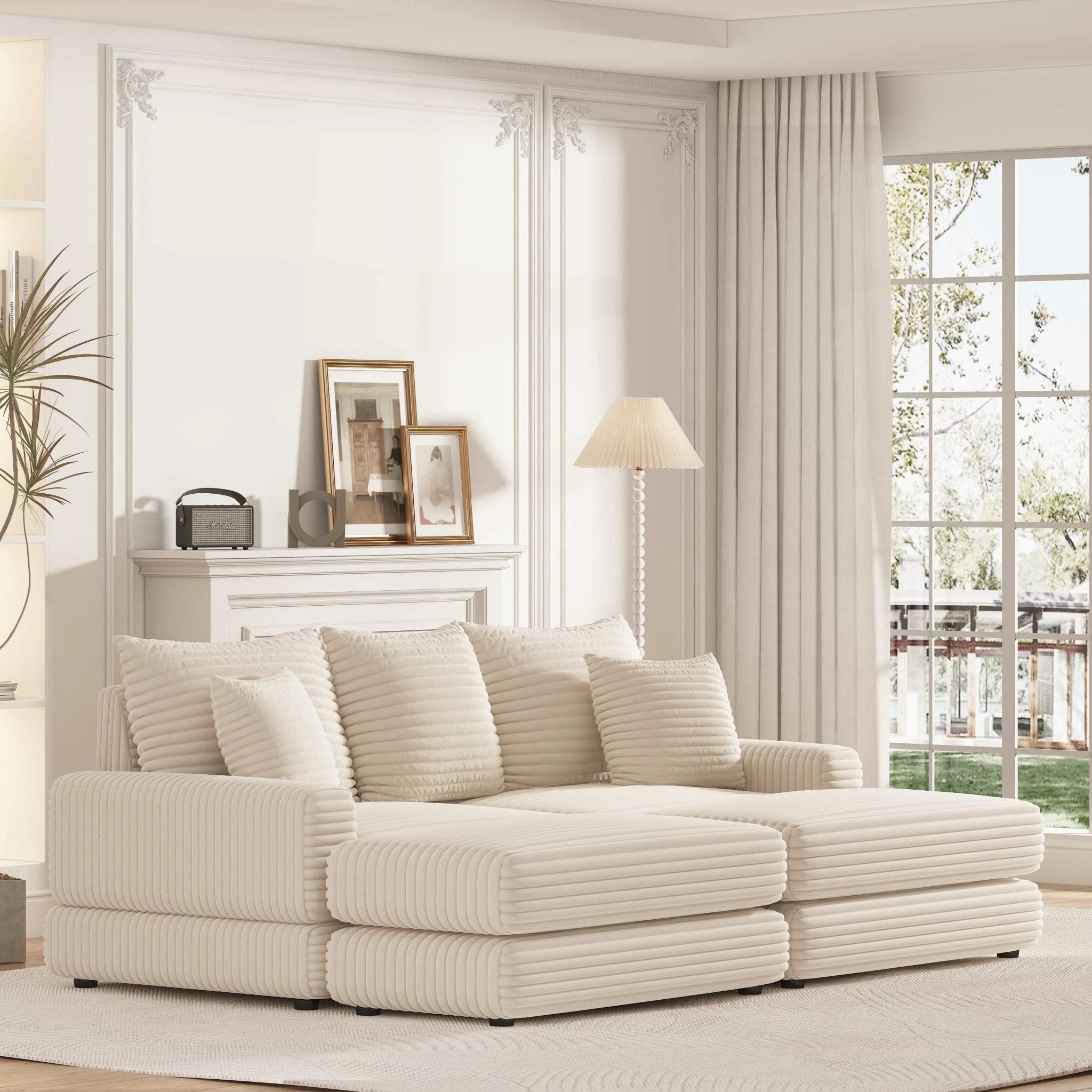 Bellemave® 86.6" Corduroy 3 - Seater Sofa with 3 Back Pillows , 2 Toss Pillows and Two Ottoman - Bellemave