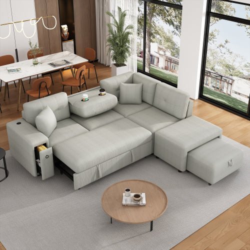 Bellemave® 86.6" Sectional Sofa L - shaped Sofa Couch Pull - out Sofa Bed with a Movable Ottoman, Two USB Ports and Two Cup Holders - Bellemave