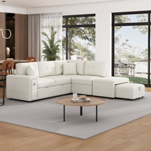 Bellemave® 86.6" Sectional Sofa L - shaped Sofa Couch Pull - out Sofa Bed with a Movable Ottoman, Two USB Ports and Two Cup Holders - Bellemave