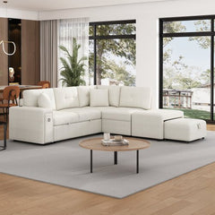 Bellemave® 86.6" Sectional Sofa L - shaped Sofa Couch Pull - out Sofa Bed with a Movable Ottoman, Two USB Ports and Two Cup Holders - Bellemave