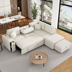 Bellemave® 86.6" Sectional Sofa L - shaped Sofa Couch Pull - out Sofa Bed with a Movable Ottoman, Two USB Ports and Two Cup Holders - Bellemave
