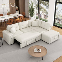 Bellemave® 86.6" Sectional Sofa L - shaped Sofa Couch Pull - out Sofa Bed with a Movable Ottoman, Two USB Ports and Two Cup Holders - Bellemave