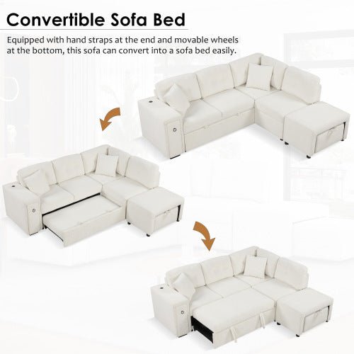 Bellemave® 86.6" Sectional Sofa L - shaped Sofa Couch Pull - out Sofa Bed with a Movable Ottoman, Two USB Ports and Two Cup Holders - Bellemave
