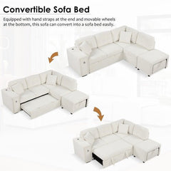 Bellemave® 86.6" Sectional Sofa L - shaped Sofa Couch Pull - out Sofa Bed with a Movable Ottoman, Two USB Ports and Two Cup Holders - Bellemave