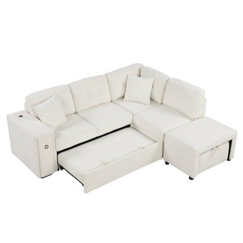 Bellemave® 86.6" Sectional Sofa L - shaped Sofa Couch Pull - out Sofa Bed with a Movable Ottoman, Two USB Ports and Two Cup Holders - Bellemave