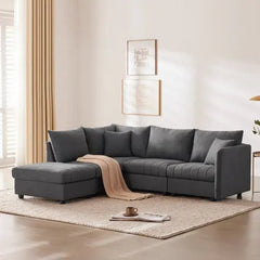 Bellemave® 89" L - Shaped Modern Sectional Sofa with Vertical Stripes,2 Pillows and Convertible Ottoman - Bellemave