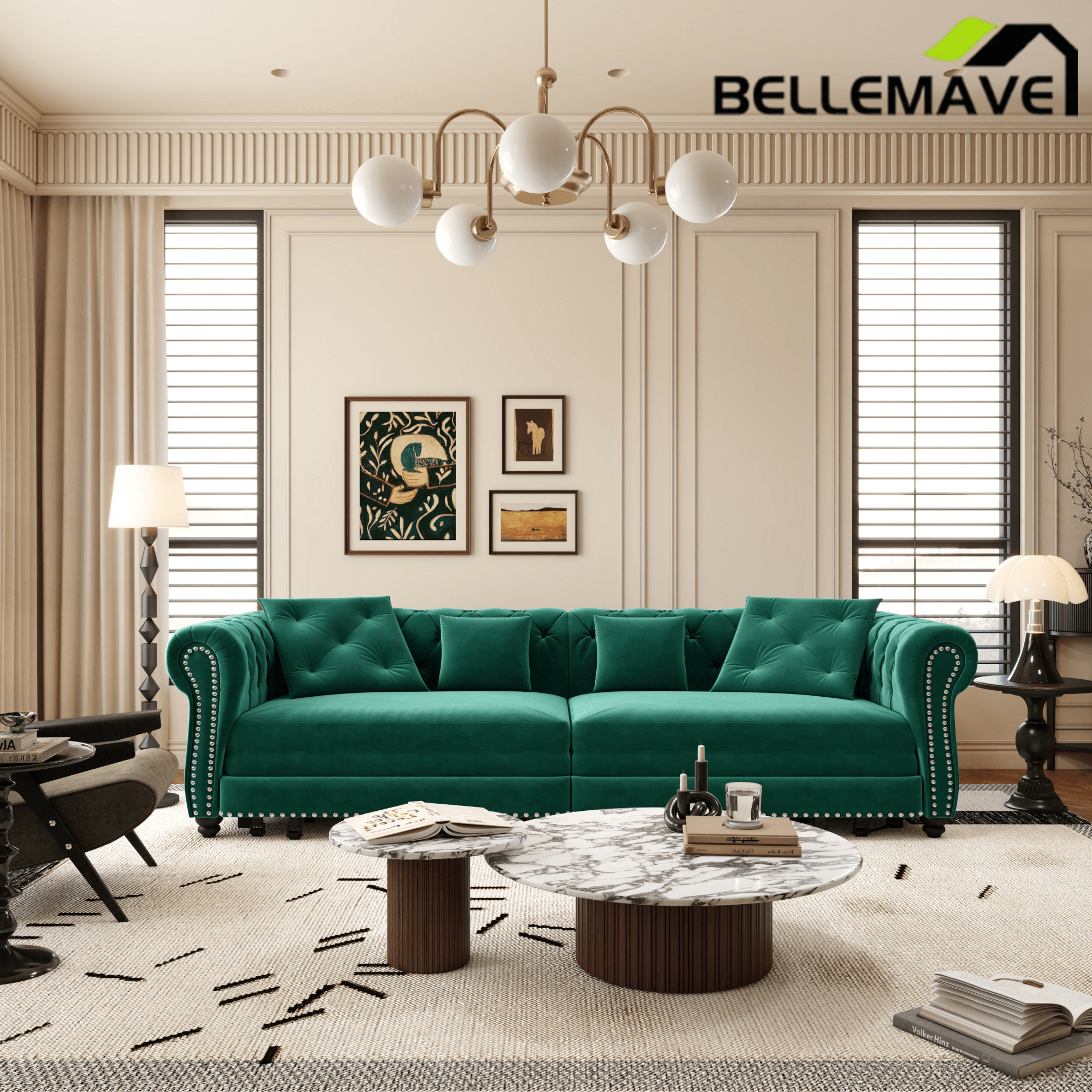 Bellemave® 89" Velvet Pull Out Sofa Bed - 3 - in - 1 Convertible Sleeper Sofa with Ottoman, Button Tufted Chesterfield Sofa - Bellemave