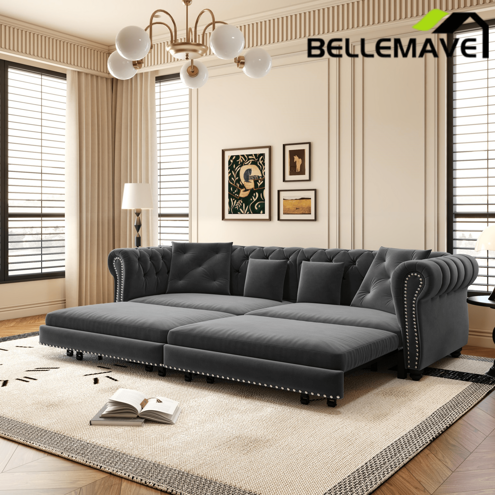Bellemave® 89" Velvet Pull Out Sofa Bed - 3 - in - 1 Convertible Sleeper Sofa with Ottoman, Button Tufted Chesterfield Sofa - Bellemave
