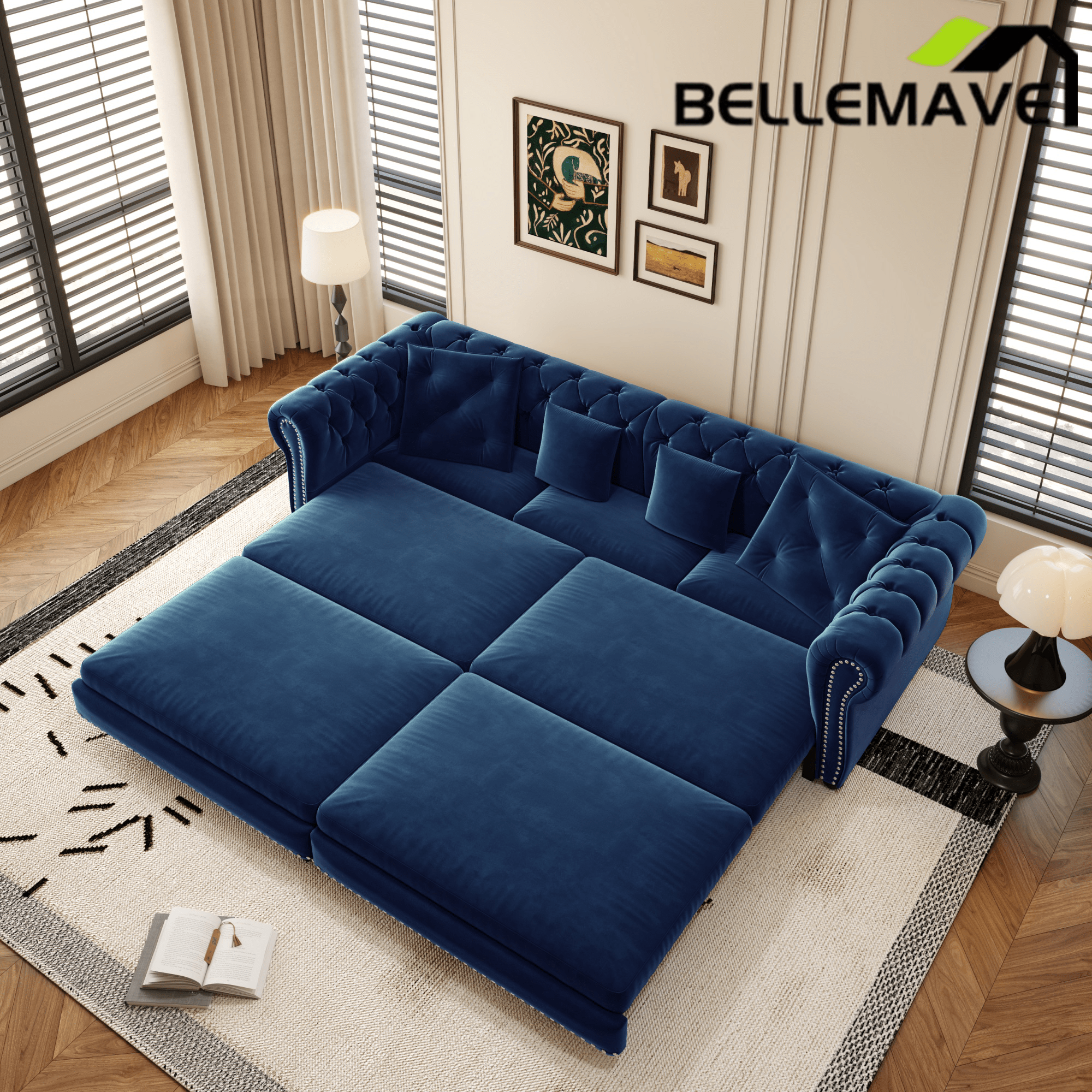 Bellemave® 89" Velvet Pull Out Sofa Bed - 3 - in - 1 Convertible Sleeper Sofa with Ottoman, Button Tufted Chesterfield Sofa - Bellemave