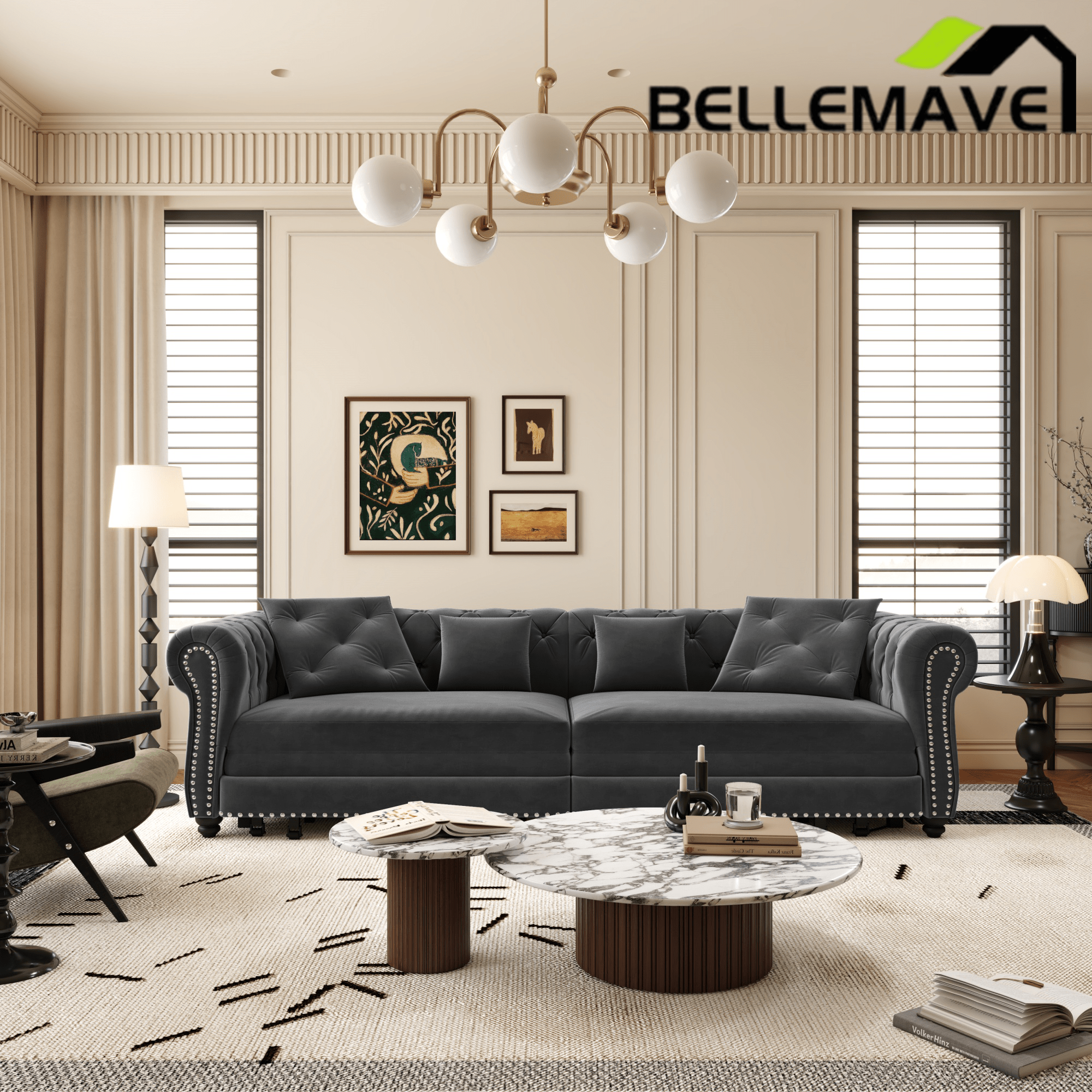 Bellemave® 89" Velvet Pull Out Sofa Bed - 3 - in - 1 Convertible Sleeper Sofa with Ottoman, Button Tufted Chesterfield Sofa - Bellemave