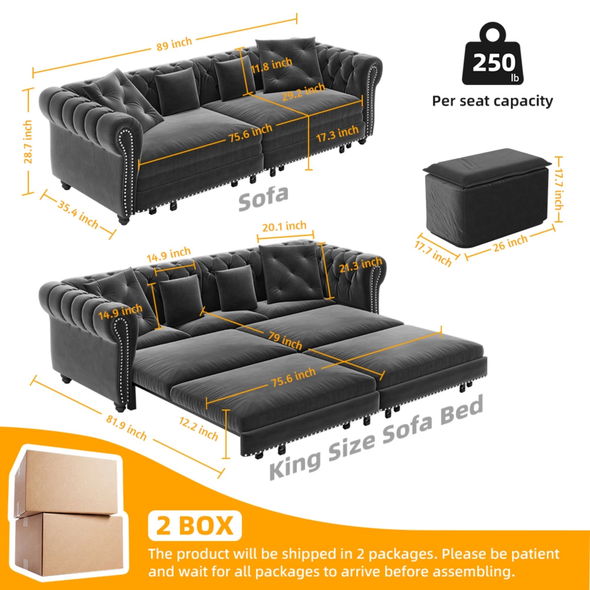 Bellemave® 89" Velvet Pull Out Sofa Bed - 3 - in - 1 Convertible Sleeper Sofa with Ottoman, Button Tufted Chesterfield Sofa - Bellemave