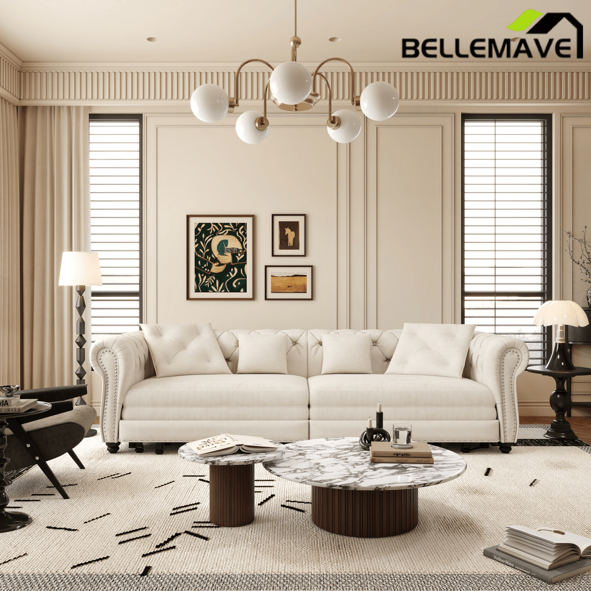 Bellemave® 89" Velvet Pull Out Sofa Bed - 3 - in - 1 Convertible Sleeper Sofa with Ottoman, Button Tufted Chesterfield Sofa - Bellemave