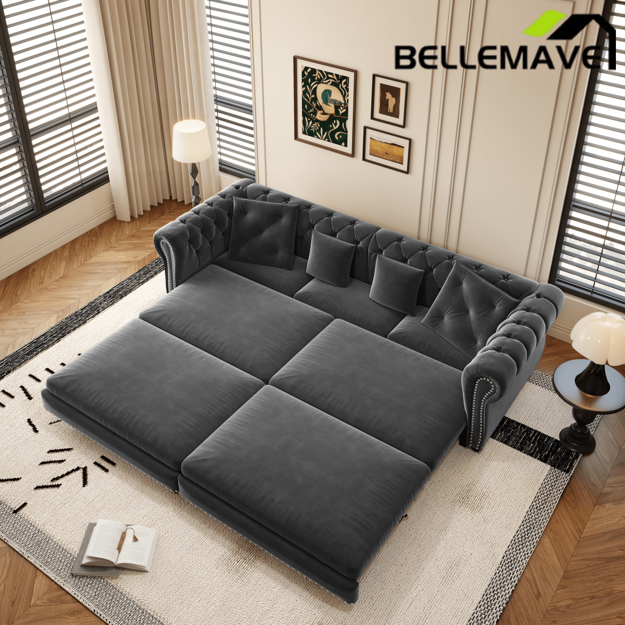 Bellemave® 89" Velvet Pull Out Sofa Bed - 3 - in - 1 Convertible Sleeper Sofa with Ottoman, Button Tufted Chesterfield Sofa - Bellemave