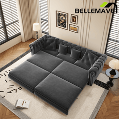 Bellemave® 89" Velvet Pull Out Sofa Bed - 3 - in - 1 Convertible Sleeper Sofa with Ottoman, Button Tufted Chesterfield Sofa - Bellemave