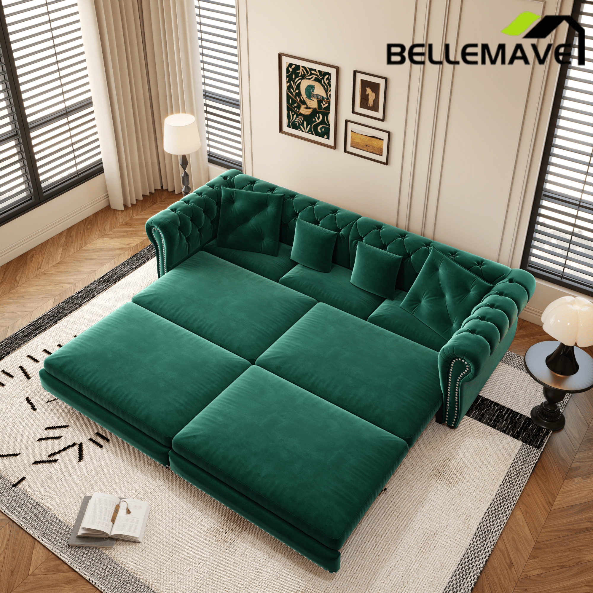 Bellemave® 89" Velvet Pull Out Sofa Bed - 3 - in - 1 Convertible Sleeper Sofa with Ottoman, Button Tufted Chesterfield Sofa - Bellemave