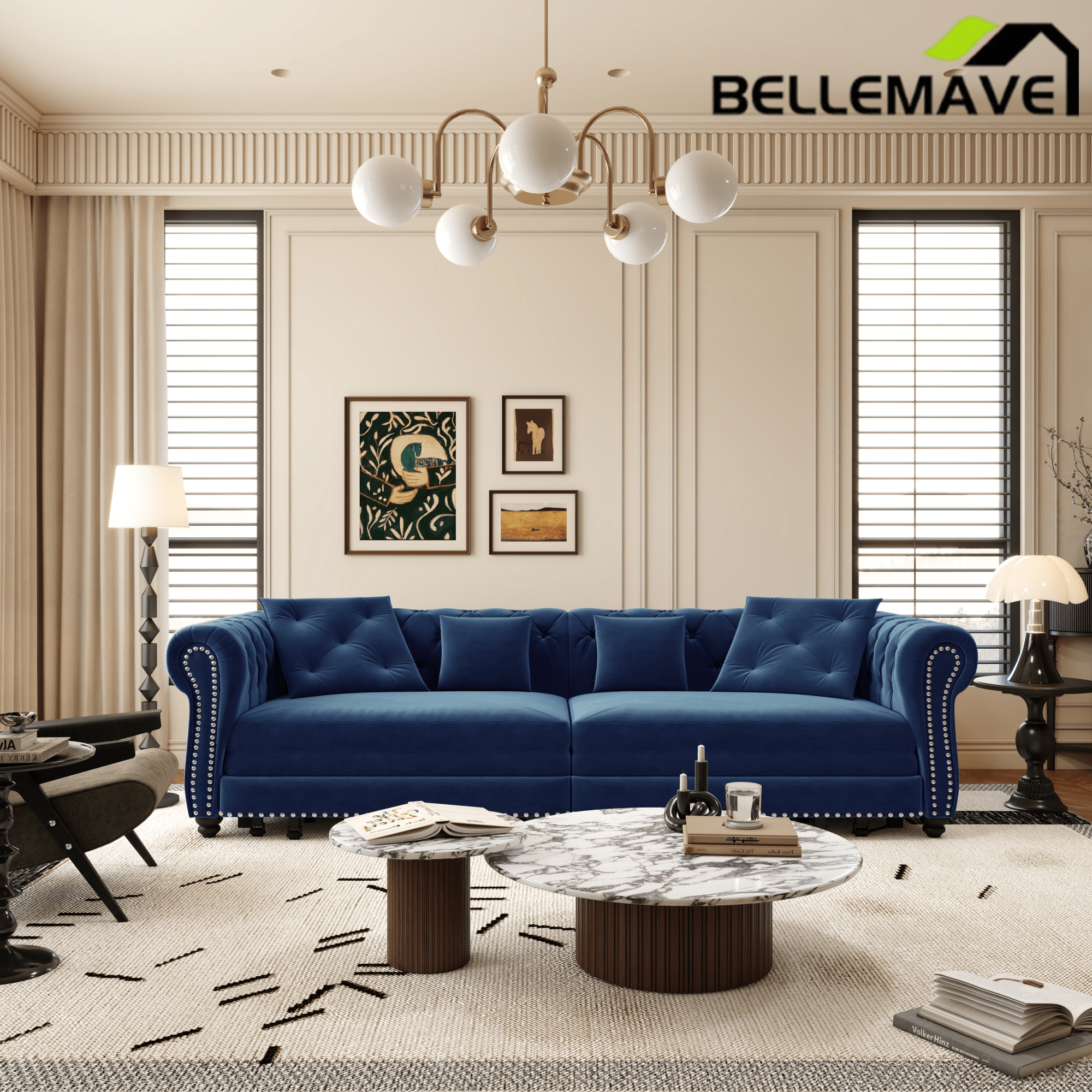 Bellemave® 89" Velvet Pull Out Sofa Bed - 3 - in - 1 Convertible Sleeper Sofa with Ottoman, Button Tufted Chesterfield Sofa - Bellemave