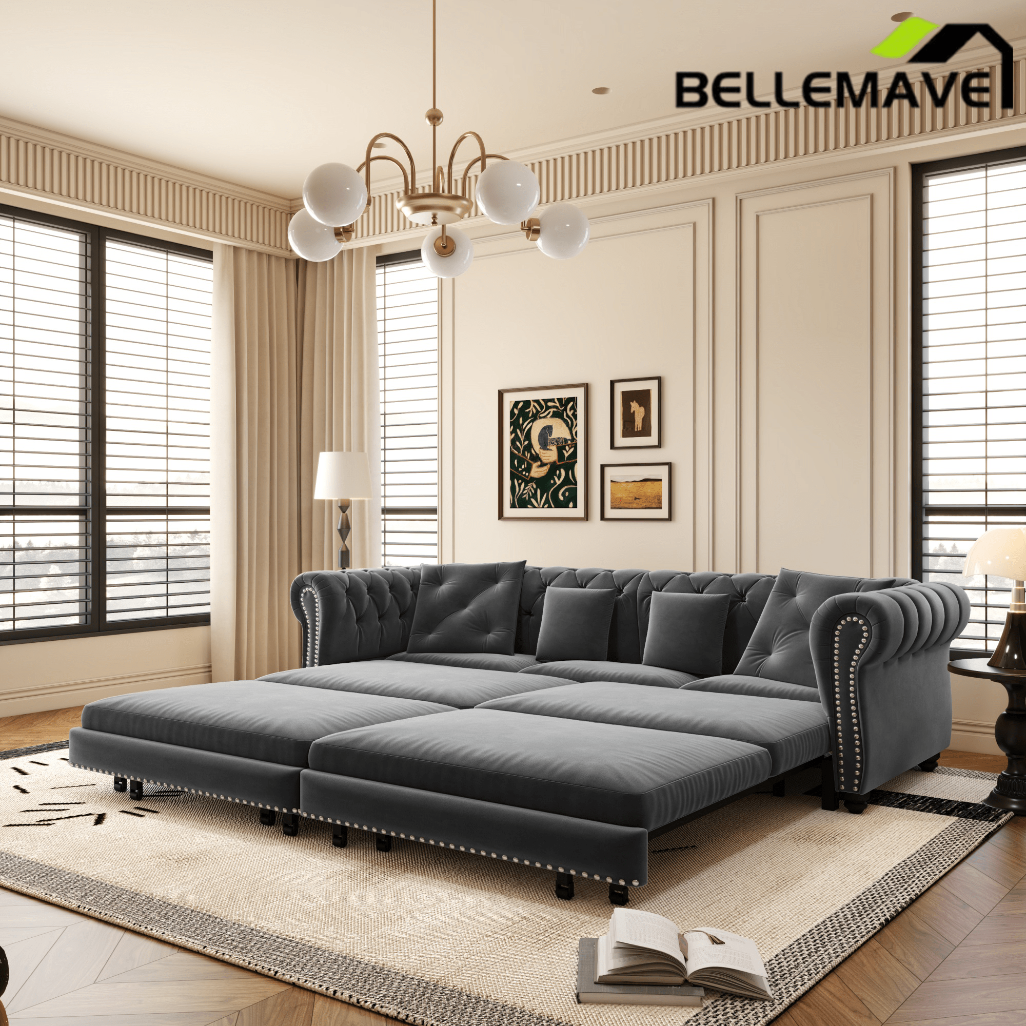 Bellemave® 89" Velvet Pull Out Sofa Bed - 3 - in - 1 Convertible Sleeper Sofa with Ottoman, Button Tufted Chesterfield Sofa - Bellemave