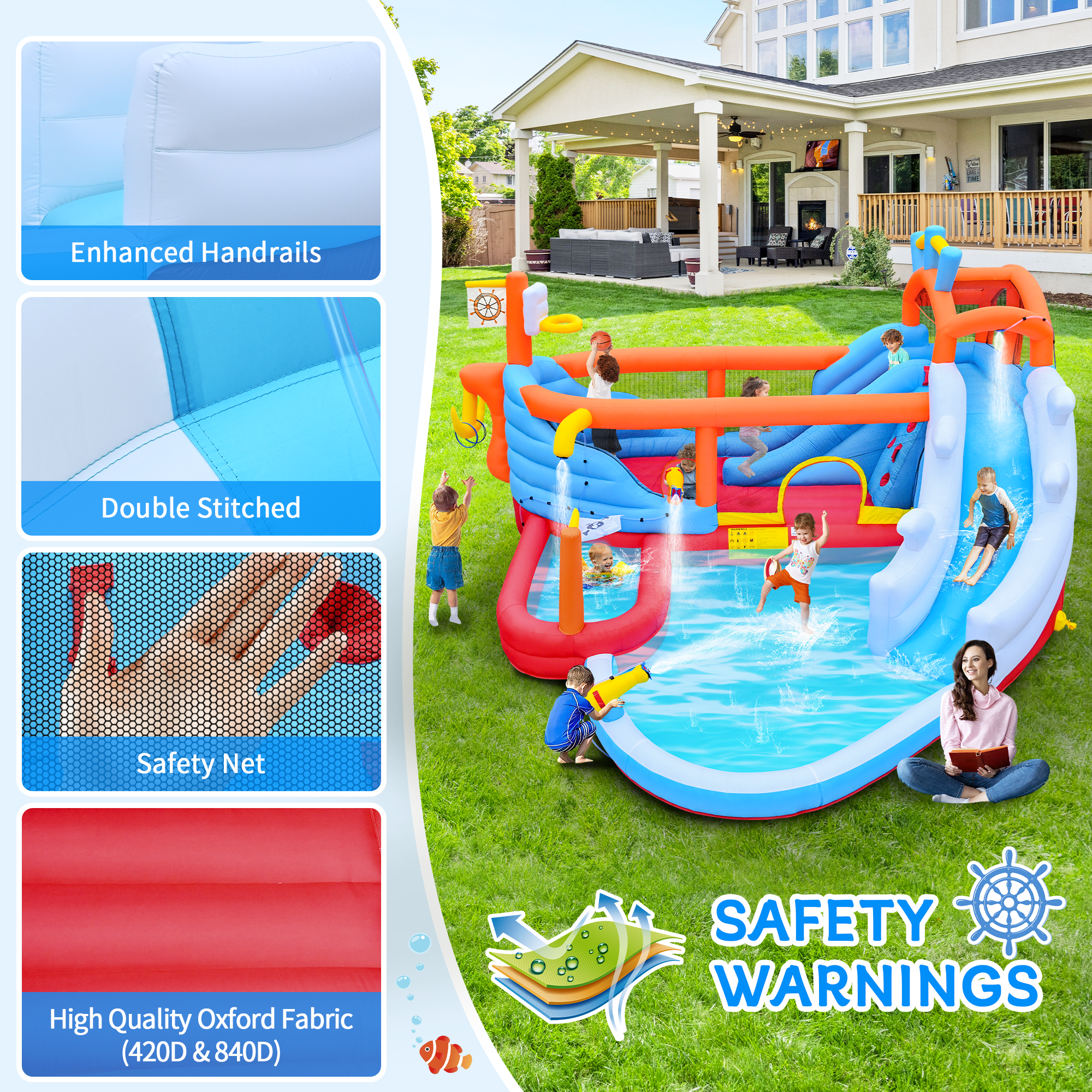 Bellemave® 9 - in - 1 Inflatable Water Park for Kids, Dual Slides Climbing Wall Anchor Ring Toss Basketball Hoop Dual Water Guns Shallow & Bathing Pools - Bellemave