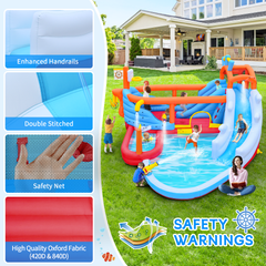 Bellemave® 9 - in - 1 Inflatable Water Park for Kids, Dual Slides Climbing Wall Anchor Ring Toss Basketball Hoop Dual Water Guns Shallow & Bathing Pools - Bellemave