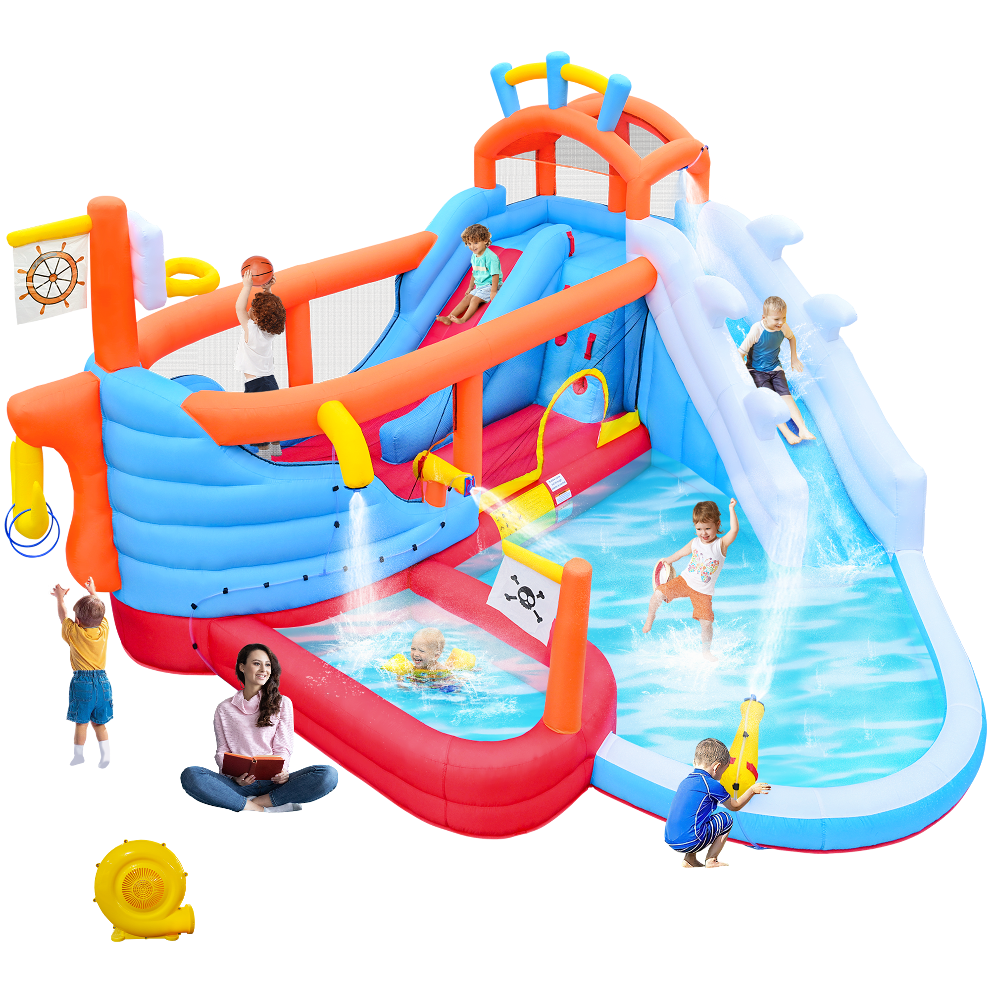 Bellemave® 9 - in - 1 Inflatable Water Park for Kids, Dual Slides Climbing Wall Anchor Ring Toss Basketball Hoop Dual Water Guns Shallow & Bathing Pools - Bellemave