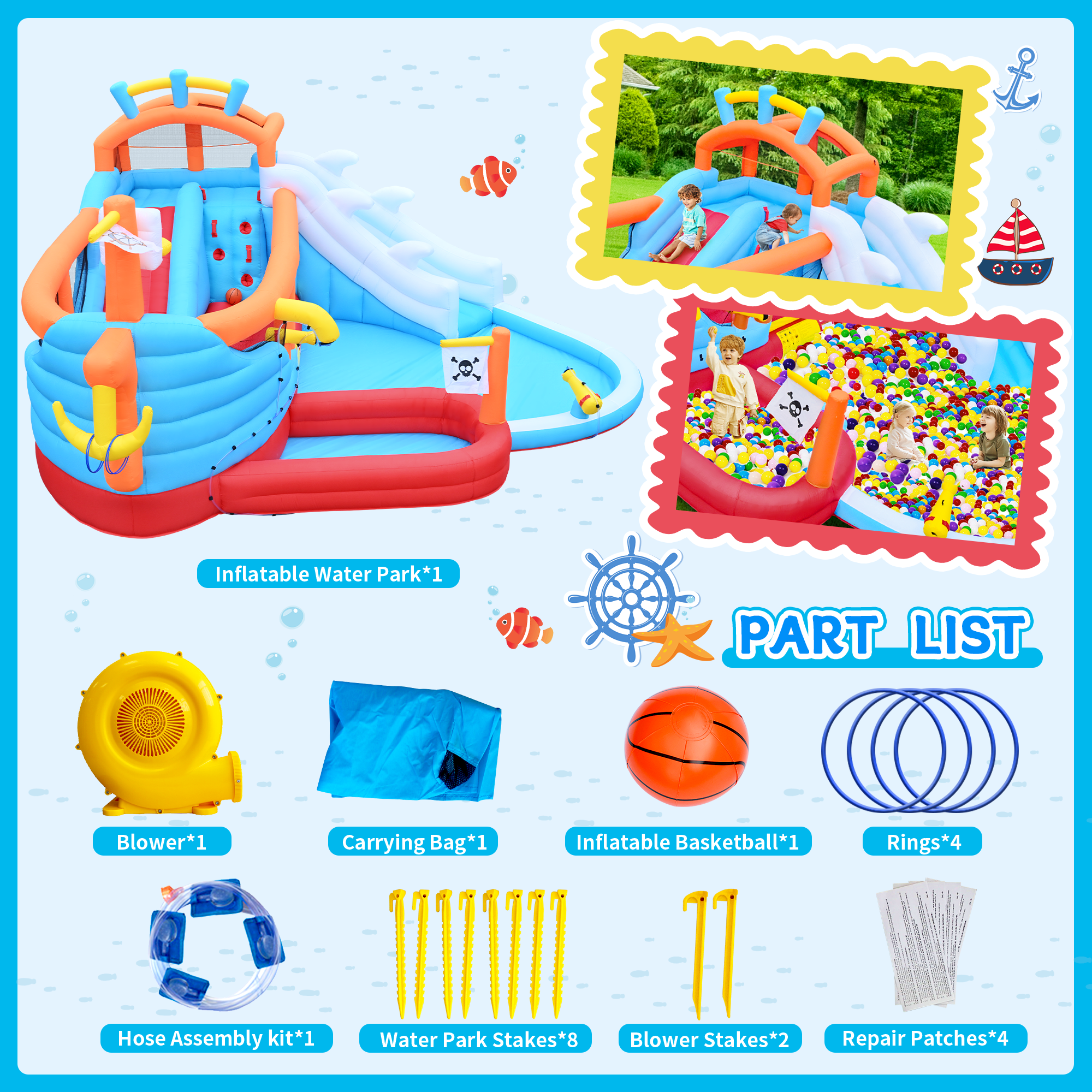 Bellemave® 9 - in - 1 Inflatable Water Park for Kids, Dual Slides Climbing Wall Anchor Ring Toss Basketball Hoop Dual Water Guns Shallow & Bathing Pools - Bellemave
