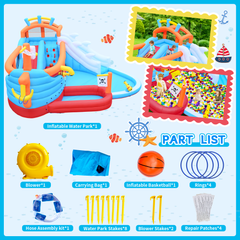 Bellemave® 9 - in - 1 Inflatable Water Park for Kids, Dual Slides Climbing Wall Anchor Ring Toss Basketball Hoop Dual Water Guns Shallow & Bathing Pools - Bellemave