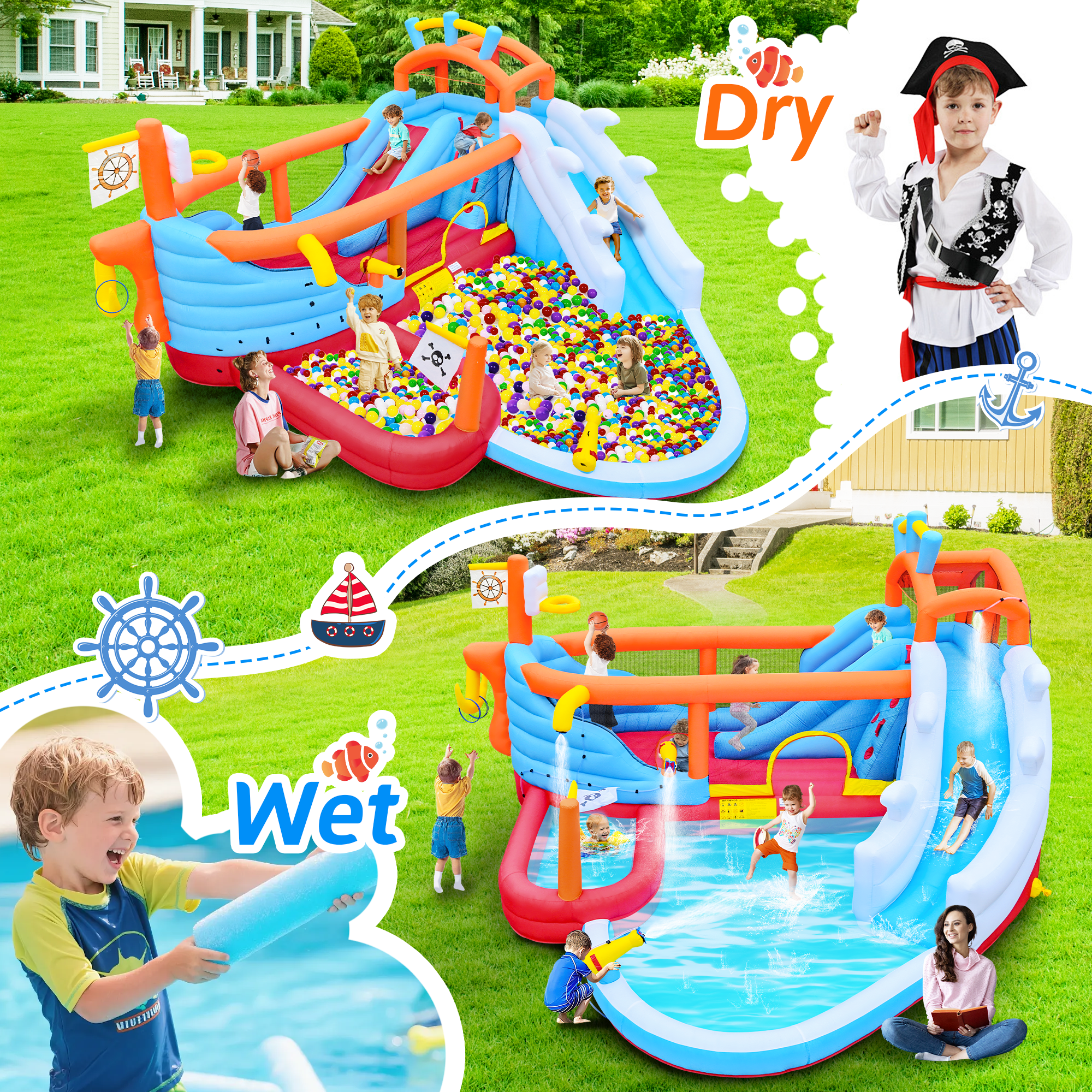 Bellemave® 9 - in - 1 Inflatable Water Park for Kids, Dual Slides Climbing Wall Anchor Ring Toss Basketball Hoop Dual Water Guns Shallow & Bathing Pools - Bellemave