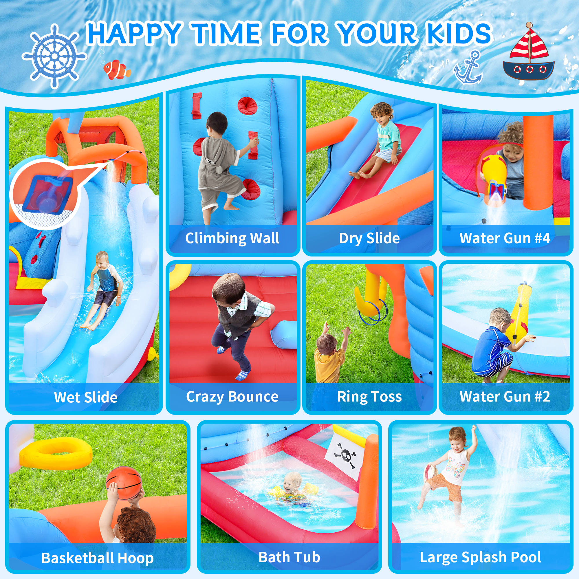 Bellemave® 9 - in - 1 Inflatable Water Park for Kids, Dual Slides Climbing Wall Anchor Ring Toss Basketball Hoop Dual Water Guns Shallow & Bathing Pools - Bellemave