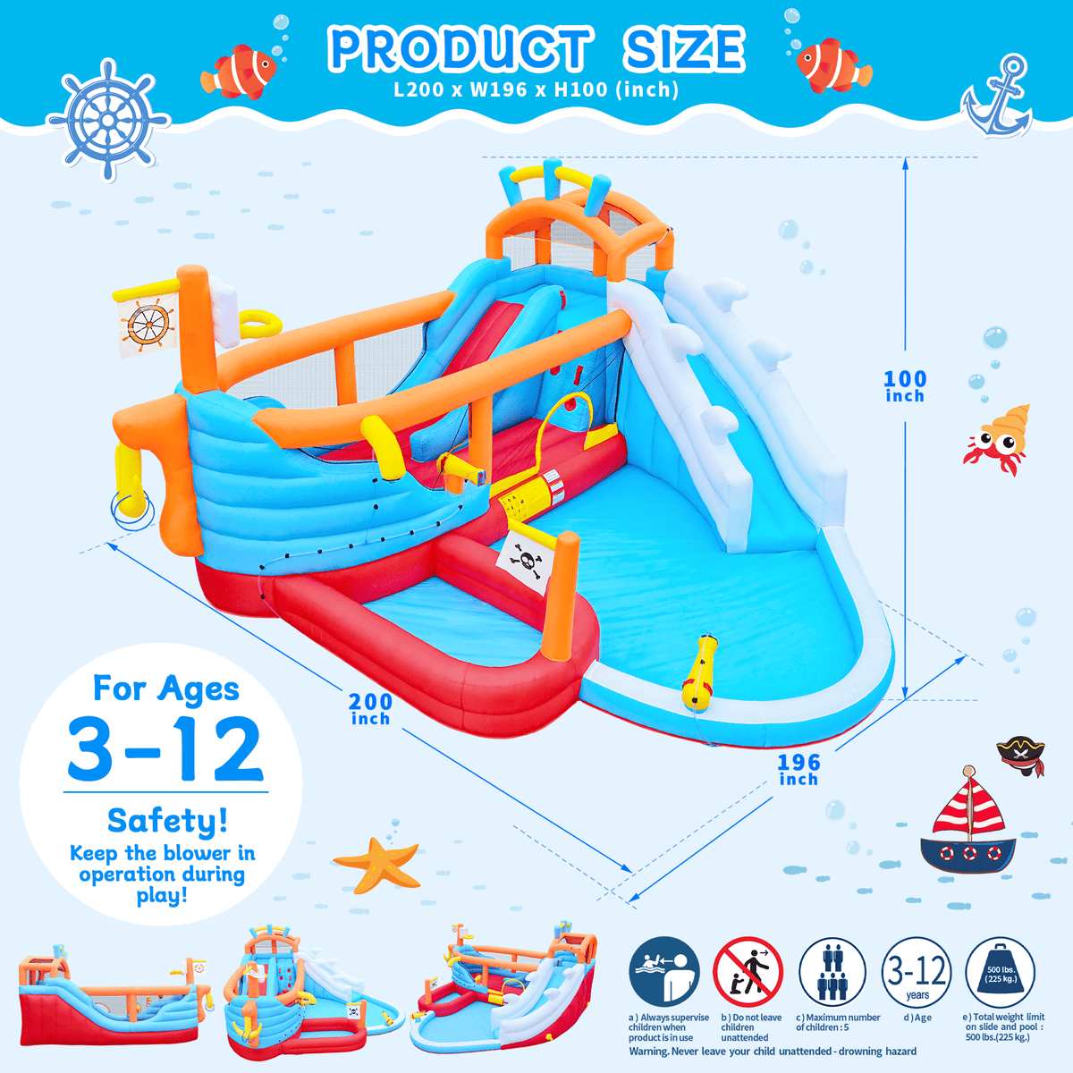Bellemave® 9 - in - 1 Inflatable Water Park for Kids, Dual Slides Climbing Wall Anchor Ring Toss Basketball Hoop Dual Water Guns Shallow & Bathing Pools - Bellemave