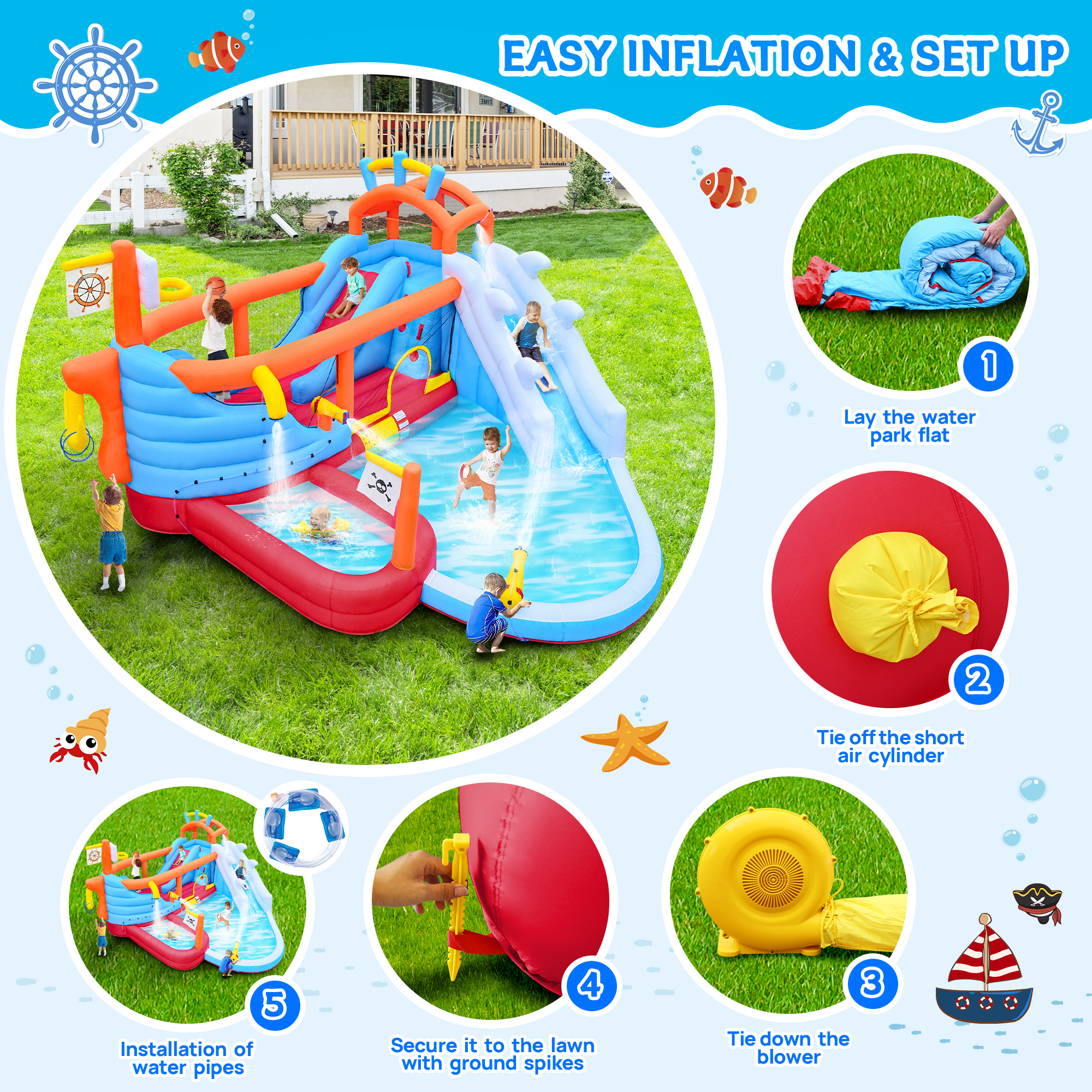 Bellemave® 9 - in - 1 Inflatable Water Park for Kids, Dual Slides Climbing Wall Anchor Ring Toss Basketball Hoop Dual Water Guns Shallow & Bathing Pools - Bellemave
